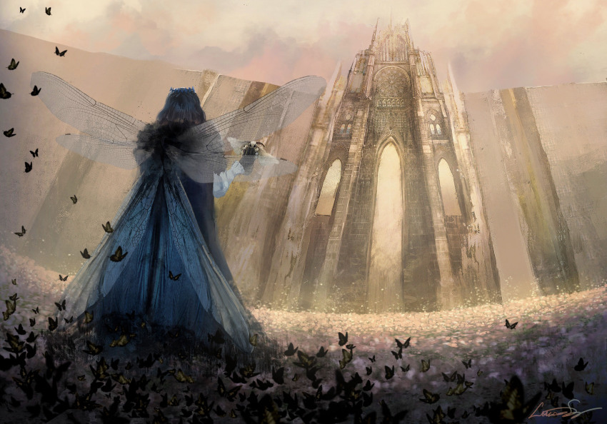 1boy arthropod_boy black_gloves black_hair blanca_(fate) blue_cape bug butterfly cape cloud commentary diamond_hairband dragonfly_wings english_commentary facing_away fate/grand_order fate_(series) field fisheye flower flower_field from_behind full_body fur-trimmed_cape fur_trim gate gloves highres insect insect_on_finger insect_wings male_focus medium_hair moth oberon_(fate) oberon_(third_ascension)_(fate) pink_flower scenery shirt signature silverling solo spoilers standing stone_wall wall white_shirt wings