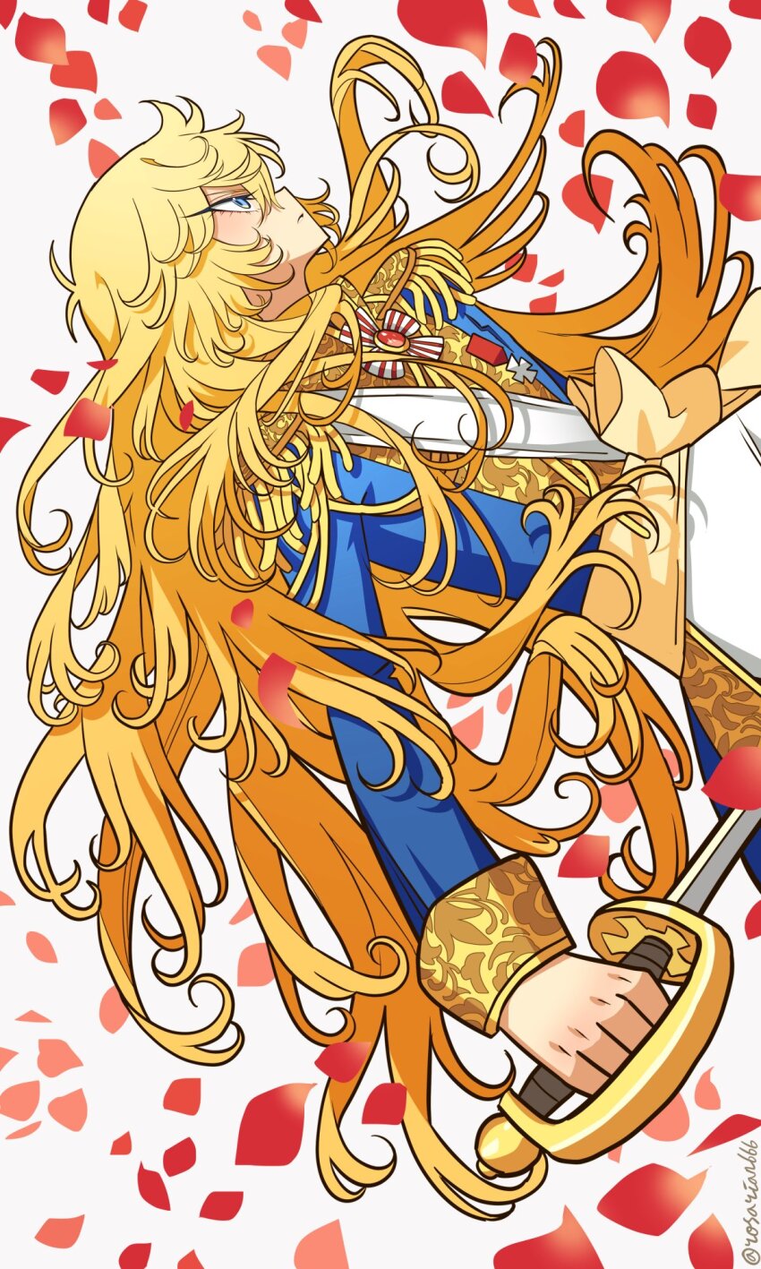 1girl blonde_hair blue_eyes blue_jacket closed_mouth epaulettes falling_petals hair_between_eyes highres holding holding_sword holding_weapon jacket long_hair looking_ahead medal meremero oscar_francois_de_jarjayes pants petals profile red_petals solo sword twitter_username upper_body versailles_no_bara weapon white_pants