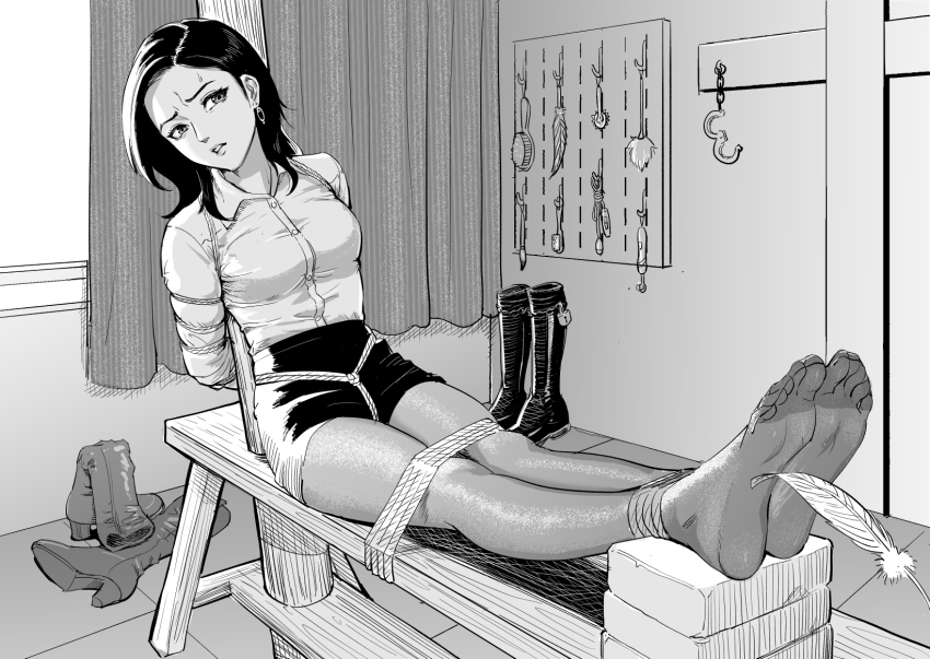 1girl bdsm bondage boots bound crotch_rope highres original pantyhose restrained root001 rope shibari tickling unworn_boots
