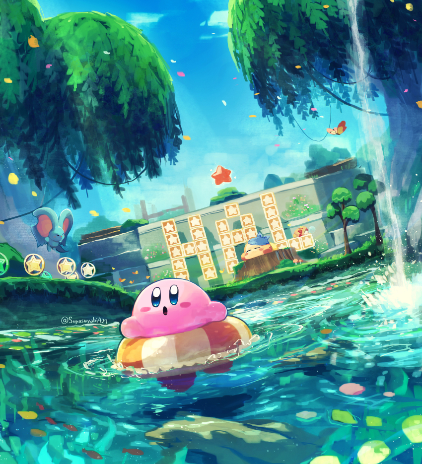 :o ^_^ absurdres artist_name awoofy bandana bandana_waddle_dee block_(object) blue_bandana blue_eyes blue_sky blush blush_stickers bug butterfly closed_eyes cloud coin colored_skin commentary_request day elfilin falling_leaves fish grass hal_laboratory highres insect kirby kirby_(series) kirby_and_the_forgotten_land leaf lifebuoy lying morpho_knight morpho_knight_(butterfly) moss mushroom nature nintendo no_humans nose_bubble notched_ear on_stomach open_mouth outdoors petals petals_on_liquid pink_skin plant rock scenery sky sleeping star_(symbol) star_block suyasuyabi swim_ring tree tree_stump twitter_username vines warp_star water waterfall