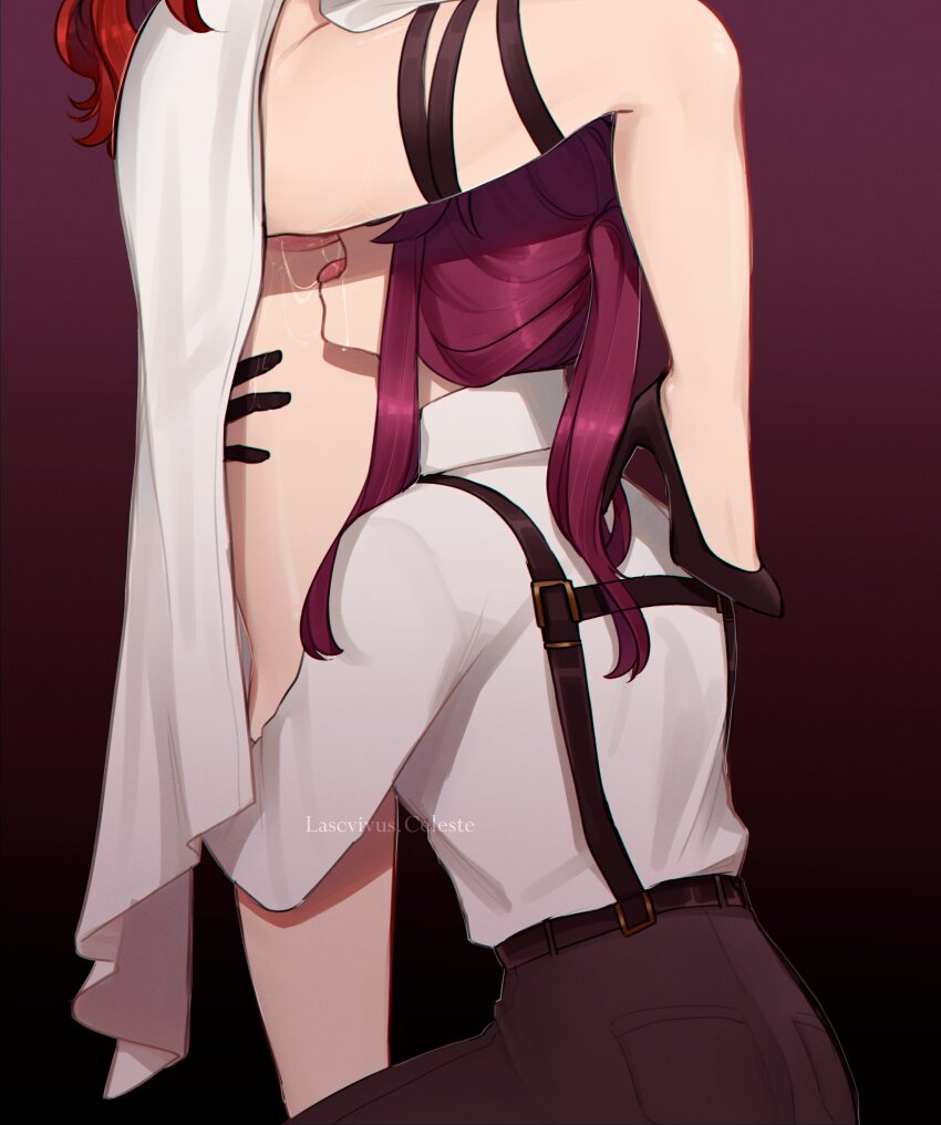 2girls absurdres artist_name between_legs black_gloves black_pants collared_shirt commentary cunnilingus dress english_commentary gloves gradient_background highres himeko_(honkai:_star_rail) honkai:_star_rail honkai_(series) kafka_(honkai:_star_rail) korichi_celeste legs lower_body multiple_girls oral pants purple_background pussy pussy_juice pussy_juice_trail red_hair shirt standing standing_cunnilingus suspenders thigh_strap tongue tongue_out uncensored view_between_legs white_dress white_shirt yuri