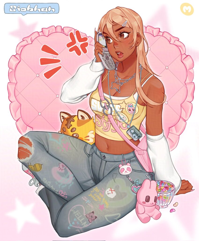 1girl anger_vein arm_warmers badge blonde_hair bowl breasts brown_eyes button_badge camisole candy cellphone character_name charm_(object) cleavage commentary crop_top dark-skinned_female dark_skin denim doko_demo_issyo fingernails flip_phone food full_body glass_bowl hair_ornament hairclip heart heart-shaped_pillow highres holding holding_phone indian_style inoue_toro jeans jelly_bean jewelry layered_shirt long_fingernails long_hair looking_to_the_side molu_(sodasnaps) nail_polish navel necklace opanchu_usagi_(kawaisouni) open_mouth original pants phone pillow shoes sitting sneakers solo star_(symbol) star_necklace stuffed_animal stuffed_rabbit stuffed_tiger stuffed_toy symbol-only_commentary talking_on_phone torn_clothes torn_jeans torn_pants