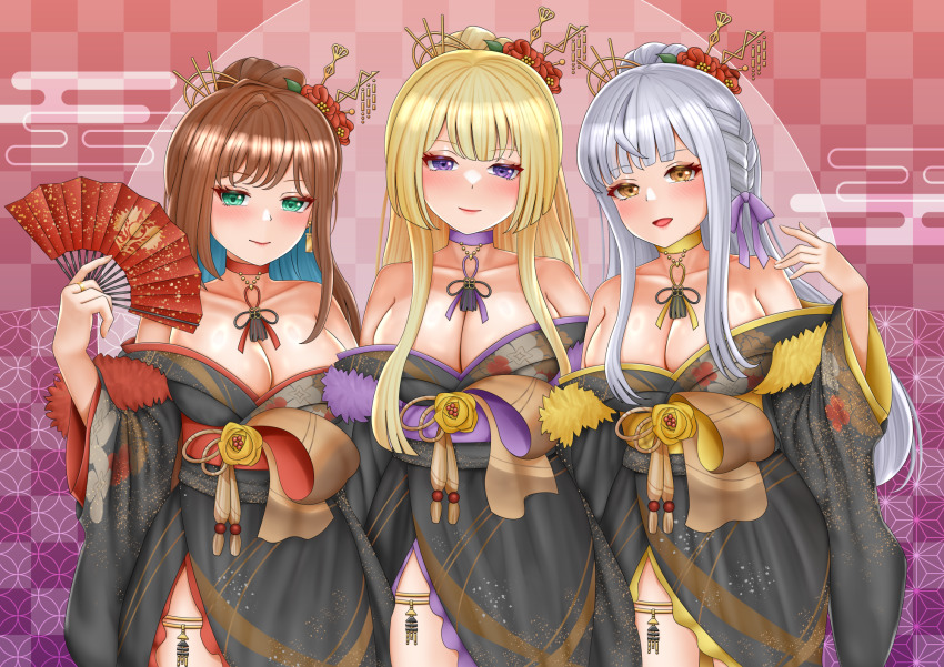 3girls adapted_costume alternate_hairstyle arm_at_side assault_lily bare_shoulders black_kimono blonde_hair blue_hair blunt_bangs blush braid breasts brown_hair checkered_background choker cleavage closed_mouth collarbone colored_inner_hair commentary_request egasumi floral_print flower folding_fan fur-trimmed_kimono fur_trim gradient_background green_eyes grey_hair hair_bun hair_flower hair_ornament hair_ribbon hand_fan hand_up highres holding holding_fan imai_tomohiro ishizuka_fujino japanese_clothes jewelry kanzashi kimono kon_kanaho large_breasts long_hair long_sleeves looking_at_viewer matching_hairstyle matching_outfits miyagawa_takane multicolored_hair multiple_girls neck_tassel obi off_shoulder official_alternate_costume official_alternate_hairstyle parted_lips print_kimono purple_background purple_choker purple_eyes purple_ribbon red_background red_choker red_flower ribbon ring sash side-by-side side_braid side_slit sidelocks single_hair_bun smile tassel thighlet two-tone_hair wide_sleeves yellow_choker yellow_eyes yellow_flower