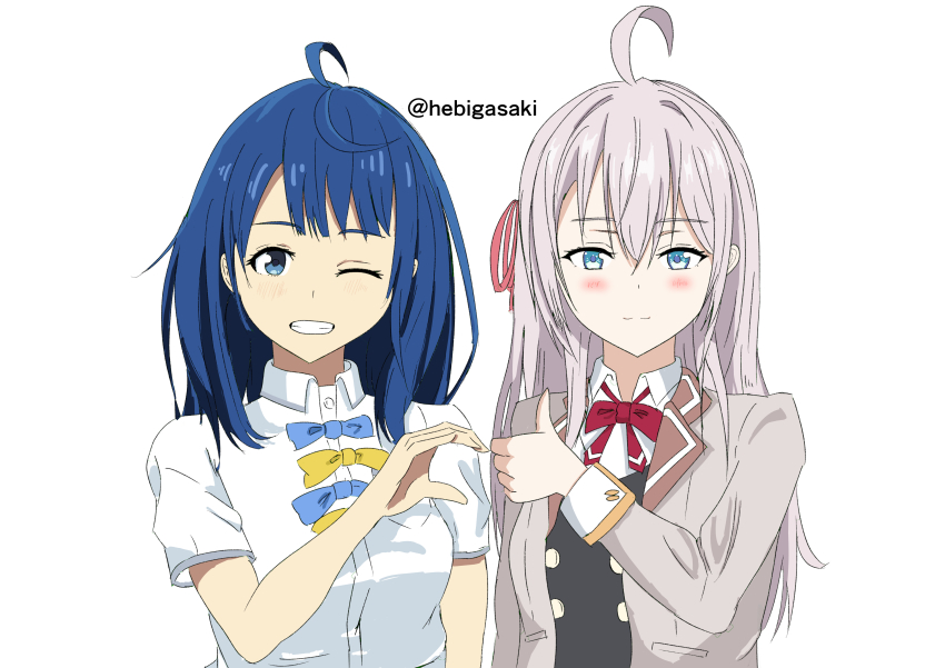 2girls absurdres ahoge alisa_mikhailovna_kujou blazer blue_bow blue_bowtie blue_eyes blue_hair bow bowtie collared_shirt crossover dress_shirt grey_hair grey_jacket grin heart_hands_failure hebigasaki highres jacket long_hair looking_at_viewer make_heroine_ga_oo_sugiru! medium_hair multiple_girls neck_ribbon one_eye_closed red_ribbon ribbon school_uniform season_connection seiren_academy_school_uniform shirt simple_background smile summer_uniform thumbs_up tokidoki_bosotto_roshia-go_de_dereru_tonari_no_alya-san twitter_username upper_body white_background white_shirt winter_uniform yanami_anna yellow_bow yellow_bowtie