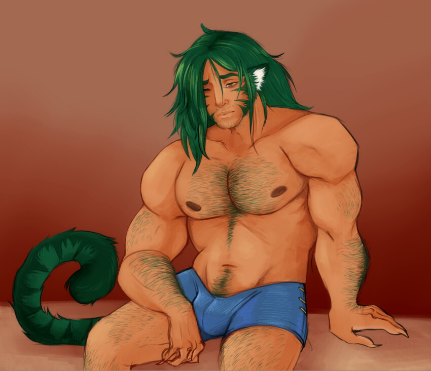 1boy alt_text animal_ears arm_hair bara blue_male_underwear boxer_briefs chest_hair commentary english_commentary facial_hair fire_emblem fire_emblem:_path_of_radiance green_hair hairy highres large_pectorals leg_hair long_hair male_focus male_underwear muarim_(fire_emblem) muscular muscular_male navel navel_hair nintendo nipples one_eye_closed pectorals sitting solo stubble tail topless_male twiliunicorn underwear
