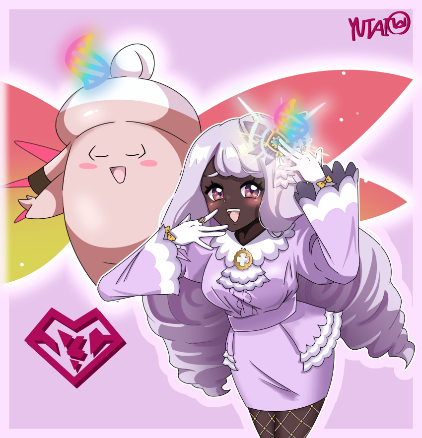 1girl :d blush bow clefable commentary dark-skinned_female dark_skin dress eyelashes fishnet_pantyhose fishnets gen_1_pokemon gloves hair_ornament happy highres hy_yutai jacinthe_(pokemon) long_hair long_sleeves mega_clefable nintendo open_mouth pantyhose pokemon pokemon_(creature) pokemon_legends:_z-a purple_dress smile teeth tongue upper_teeth_only white_gloves yellow_bow