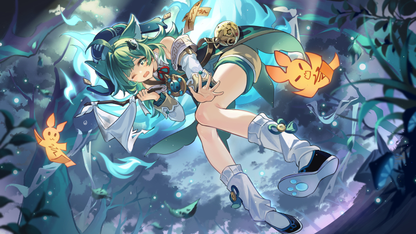 1girl absurdres animal_ears bare_shoulders fiery_tail flag fox_ears fox_girl fox_tail green_eyes green_hair highres holding holding_flag honkai:_star_rail honkai_(series) huohuo_(honkai:_star_rail) kongzao one_eye_closed open_mouth paper_doll paw-shaped_pupils paw_print_soles shorts socks symbol-shaped_pupils tail tail_(honkai:_star_rail) talisman tearing_up white_flag white_socks yin_yang_hair_ornament