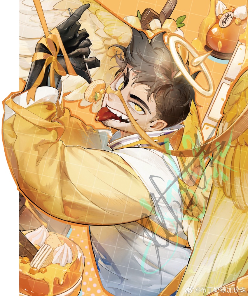 1boy absurdres adam_(hazbin_hotel) black_hair cake facial_hair food goatee halo hazbin_hotel highres honey long_sleeves looking_at_viewer male_focus mbdtz open_mouth orange_background short_hair sideburns solo spiked_halo teeth tongue tongue_out yellow_eyes yellow_wings