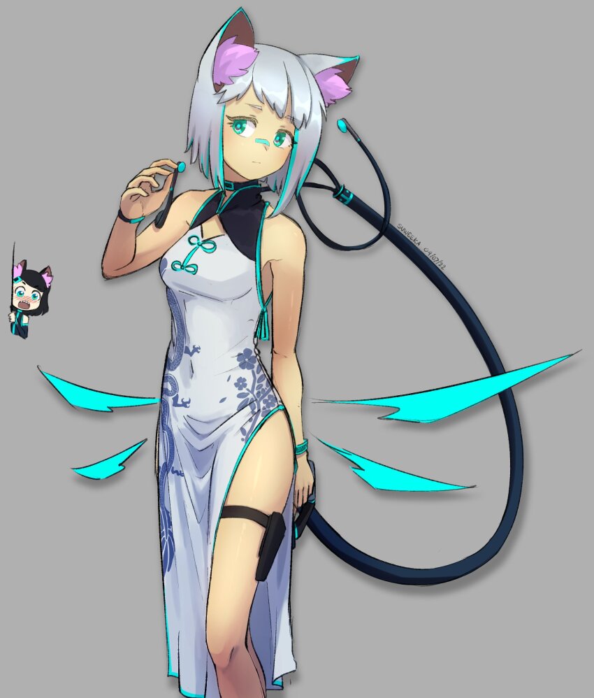 2girls animal_ear_fluff animal_ears aqua_eyes bare_shoulders black_bodysuit black_hair bodysuit china_dress chinese_clothes commentary dated detached_wings dress earphones elbow_gloves english_commentary fingerless_gloves floral_print_dress garter_belt gloves grey_background haqu_(suweeka) highres looking_at_another looking_at_viewer low_wings multiple_girls original peeking_out short_hair side_slit signature simple_background sleeveless sleeveless_bodysuit sleeveless_dress standing suweeka thighhighs tone_(suweeka) white_dress white_hair wings wire