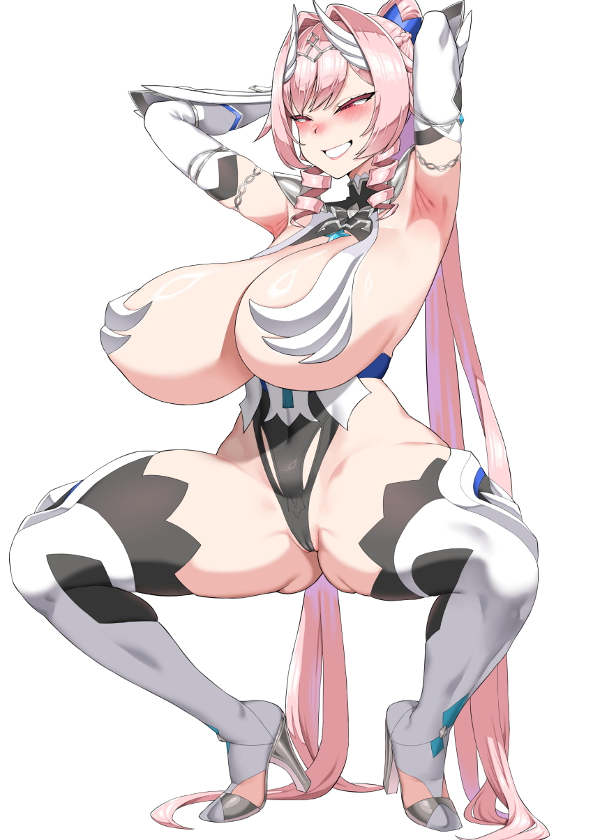 1girl absurdres armpits blush bowlegged_pose breasts cleavage commentary demiurge_luna_(outerplane) english_commentary era_(erasion) gloves high_heels highleg highres huge_breasts leotard long_hair outerplane pink_hair pink_lips red_eyes revealing_clothes simple_background skin_tight smile solo thick_thighs thighhighs thighs very_long_hair white_background
