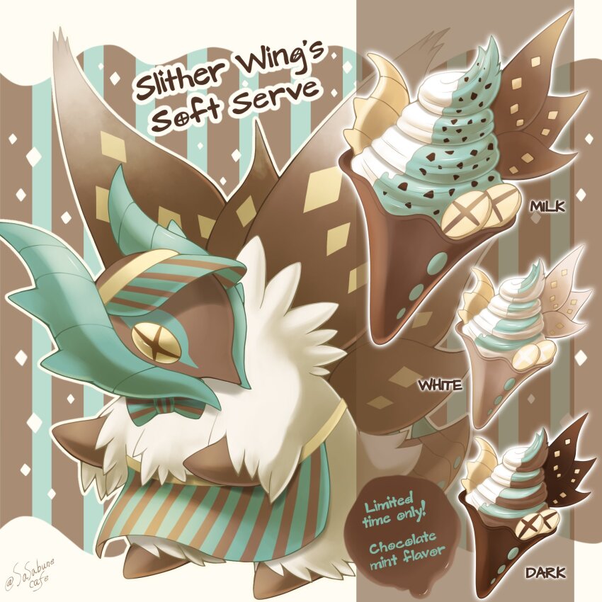 +_+ alternate_color apron black_eyes bow bowtie chocolate_chip clothed_pokemon diamond_(shape) food full_body highres ice_cream ice_cream_cone looking_back mint_chocolate mint_chocolate_(razschi) nintendo pokemon pokemon_(creature) sasabunecafe slither_wing striped twitter_username vertical_stripes visor_cap white_fur