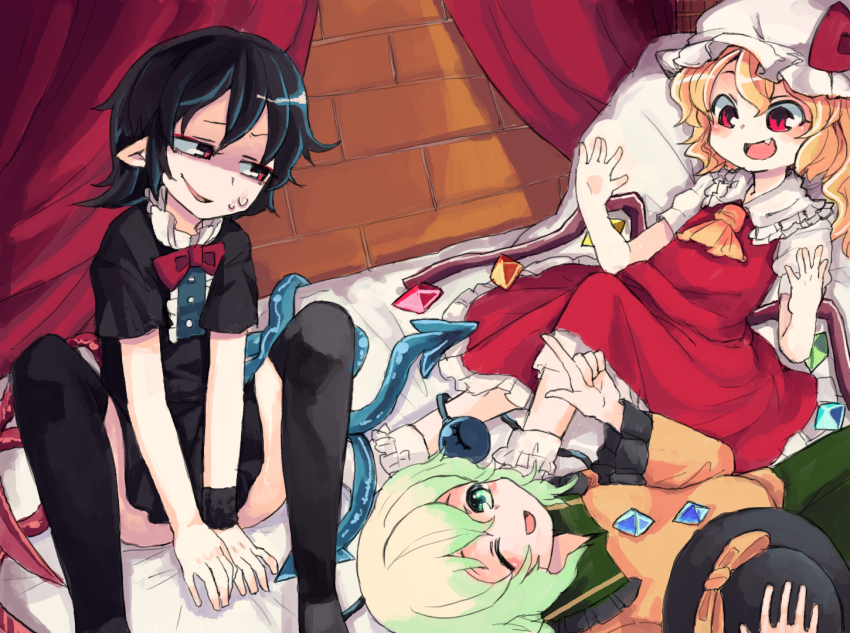 3girls :d asymmetrical_wings black_hair blonde_hair dress fang flandre_scarlet frilled_skirt frilled_sleeves frills green_hair hat houjuu_nue komeiji_koishi multiple_girls open_mouth red_eyes short_hair sitting skirt smile stage_connection sweat thighhighs third_eye touhou wide_sleeves wings yunuki_uta