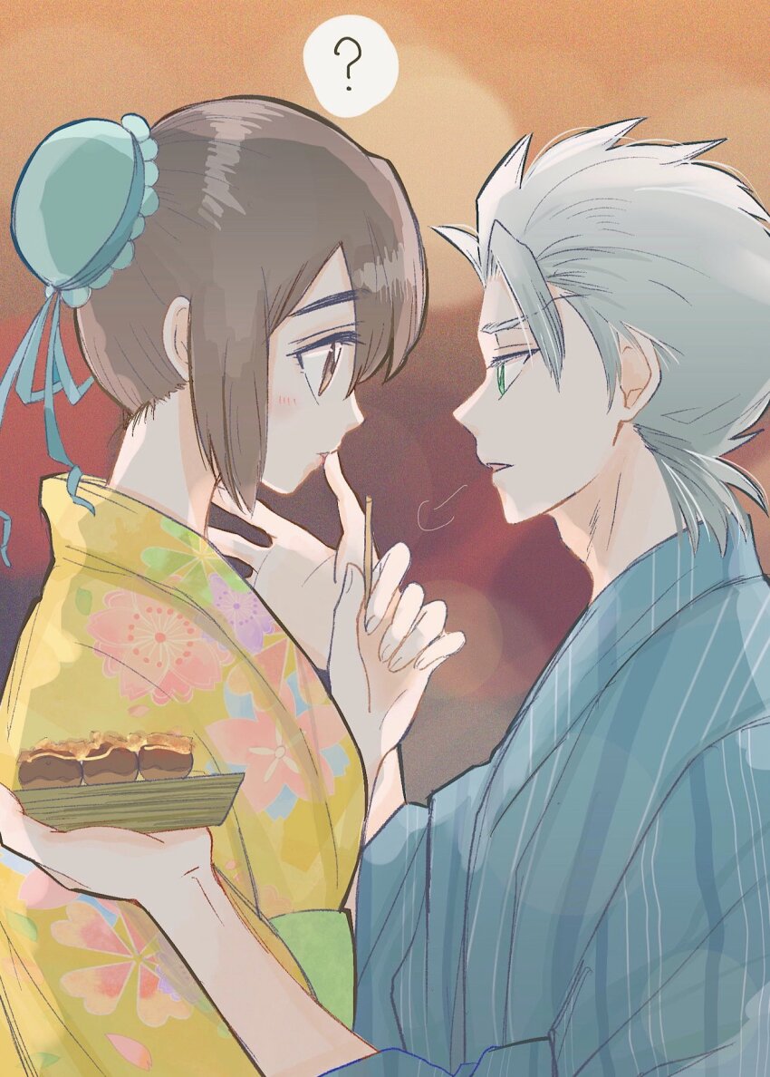 ? bleach blue_ribbon brown_eyes brown_hair bun_cover ching1217_fei green_eyes hair_bun highres hinamori_momo hitsugaya_toushirou japanese_clothes kimono looking_at_another ribbon short_hair sidelocks sigh thumb_to_mouth white_hair