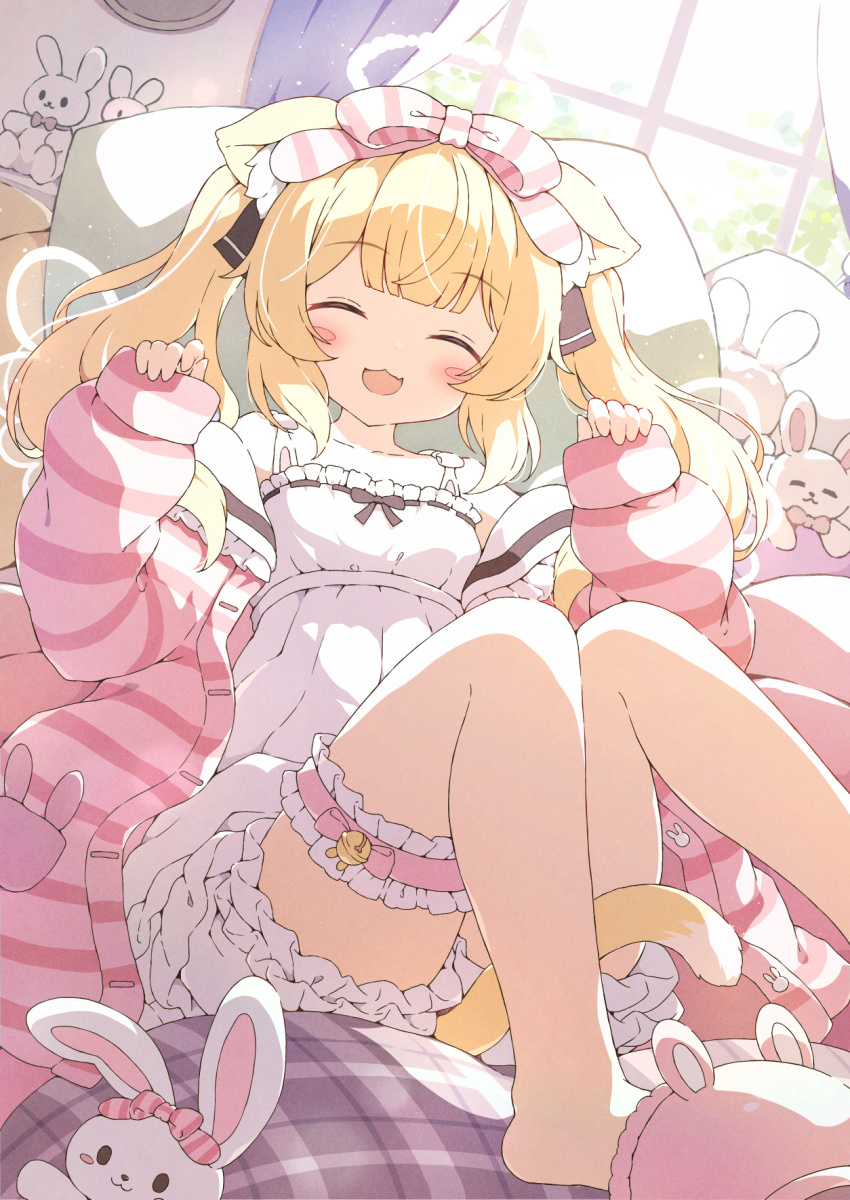 1girl :d ahoge animal_ear_fluff animal_ears animal_slippers bare_shoulders bed_sheet blonde_hair blunt_bangs blush blush_stickers bow brown_ribbon cat_ears cat_girl cat_tail closed_eyes commission day dress dutch_angle feet_out_of_frame frilled_dress frilled_thigh_strap frills hair_bow highres hood hoodie indoors long_hair looking_at_viewer on_bed open_mouth original paw_pose pink_bow pink_hoodie ribbon sidelocks single_slipper sitting skeb_commission slippers smile solo striped_clothes striped_hoodie stuffed_animal stuffed_rabbit stuffed_toy tail thigh_strap thighs twintails two_side_up tyomimas variant_set white_dress