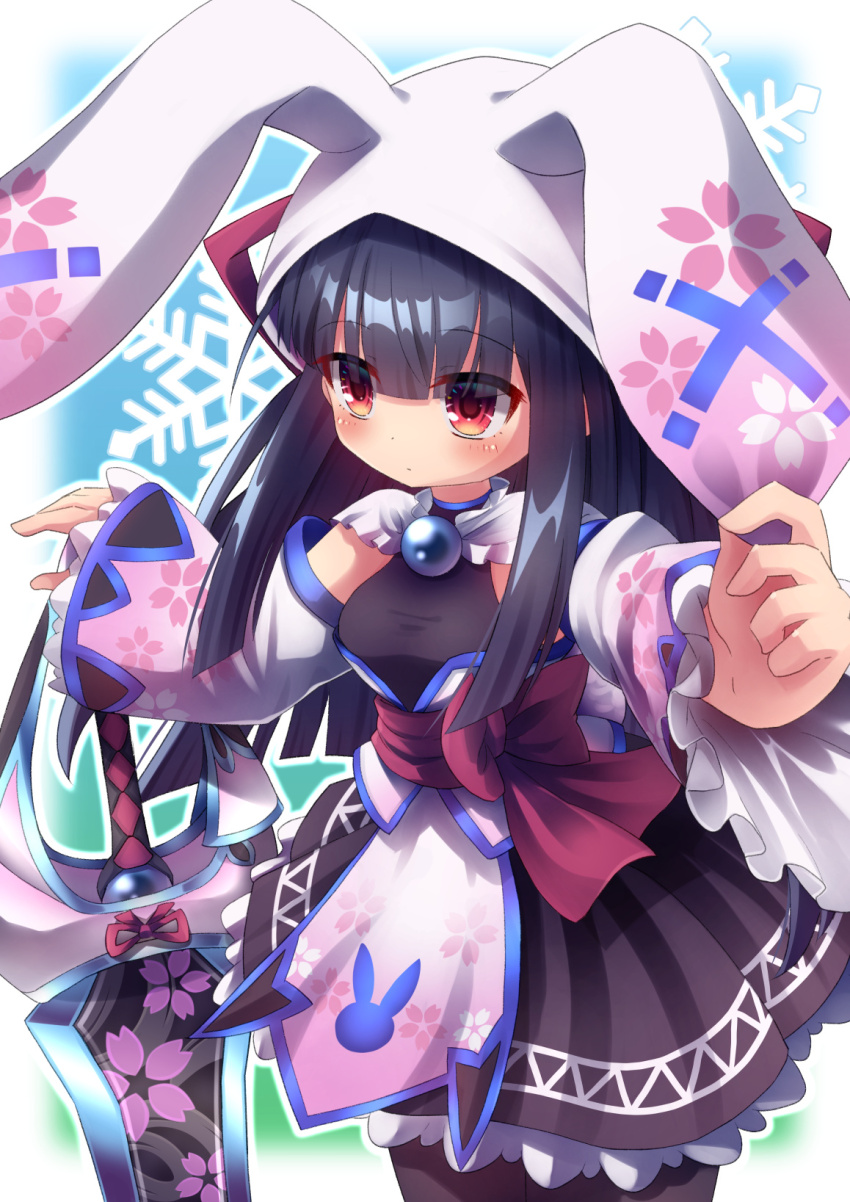 1girl black_hair black_pantyhose black_skirt bodysuit breasts emil_chronicle_online frilled_skirt frills highres holding holding_sword holding_weapon mitama_mikoto pantyhose rabbit_ear_headwear red_eyes skirt small_breasts sword weapon yupi828