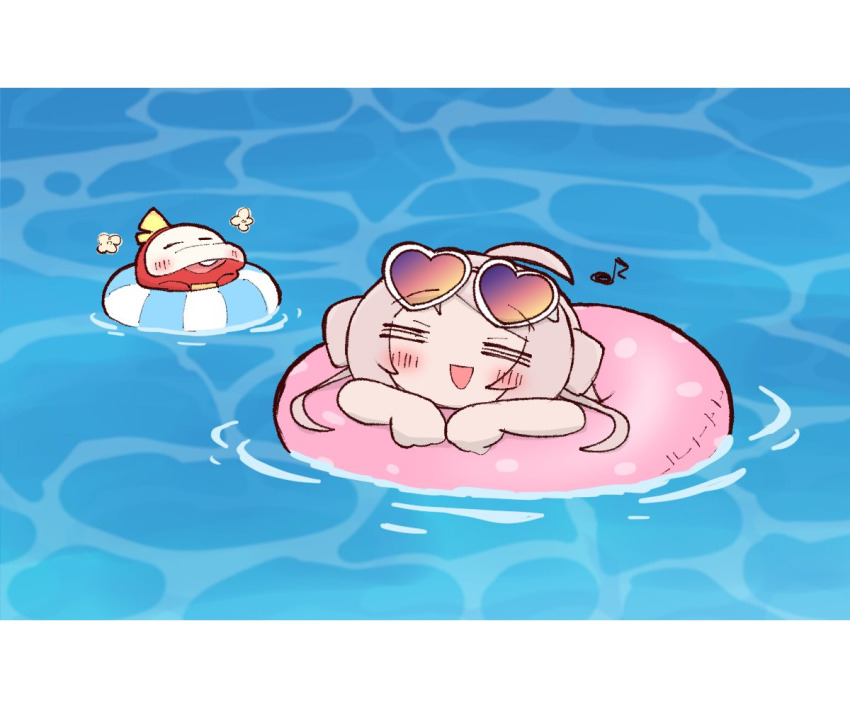 1girl ahoge beach blue_eyes floating floaty fuecoco glasses glasses_on_head heart-shaped_glasses long_hair love_live! love_live!_nijigasaki_high_school_idol_club mole mole_under_eye monster musical_note nintendo ocean pink_hair pokemon pool_float summer sunglasses tube water zhong_lanzhu