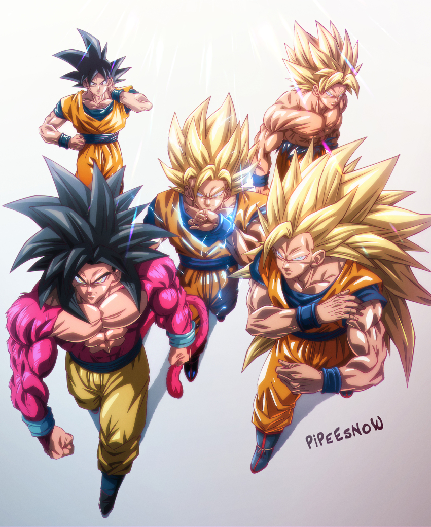 black_eyes black_hair blonde_hair dougi dragon_ball dragon_ball_gt dragonball_z highres long_hair looking_at_viewer male_focus monkey_boy monkey_tail multiple_boys multiple_persona muscular muscular_male orange_pants pants pectorals pipeesnow saiyan shirt short_hair simple_background son_goku spiked_hair super_saiyan super_saiyan_1 super_saiyan_2 super_saiyan_3 super_saiyan_4 tail wristband