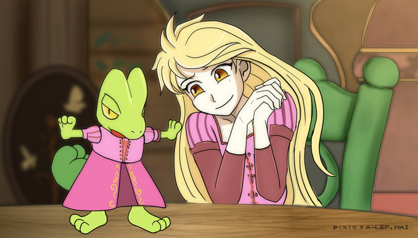 1girl ahoge alternate_costume alternate_hairstyle blonde_hair chair clothed_pokemon dress eyelashes female_focus flat_chest gen_3_pokemon hair_down hands_up happy head_tilt indoors long_dress long_hair long_sleeves looking_at_another nintendo own_hands_together parody pink_dress pokemon pokemon_(creature) pokemon_adventures purrrloin rapunzel_(disney) sitting smile standing_on_object table treecko very_long_hair wooden_chair wooden_table yellow_(pokemon) yellow_eyes