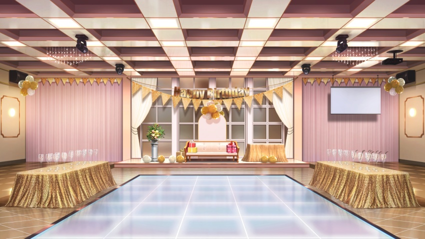 balloon ceiling_light couch cup curtains dance_floor drinking_glass gift highres indoors mirror monitor night no_humans non-web_source official_art our_life:_beginnings_and_always pennant plant potted_plant reflective_floor scenery table tablecloth tile_floor tiles variant_set window_light wine_glass