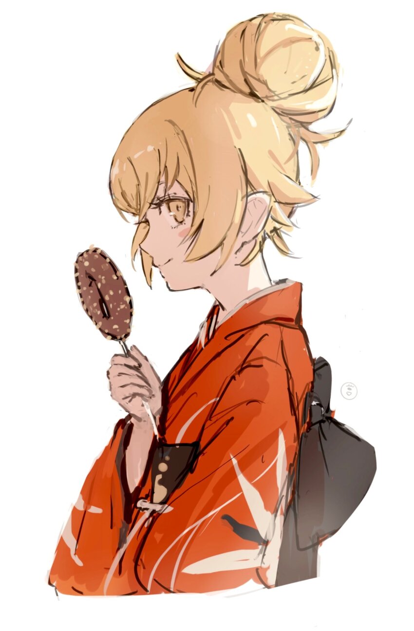 1girl back_bow black_sash blonde_hair bow closed_mouth donut food from_side hair_bun hair_flaps highres holding holding_donut holding_food japanese_clothes kimono monogatari_(series) obi oshino_shinobu pointy_ears profile red_kimono sash simple_background single_hair_bun smile solo taki_(a313131333) upper_body white_background yellow_eyes yukata
