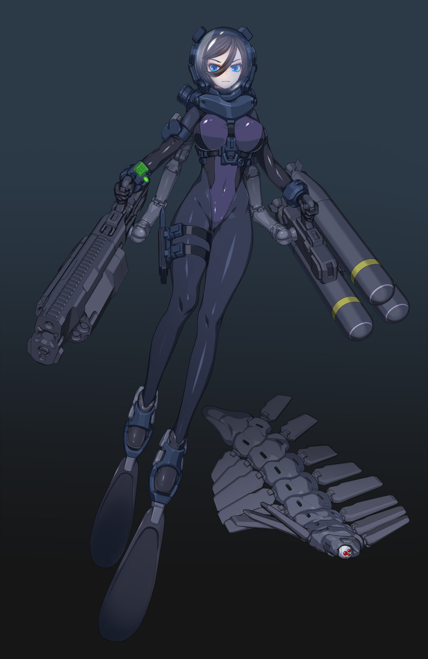 1girl absurdres black_bodysuit black_hair blue_eyes bodysuit breasts diving_suit drone flippers full_body highres holster impossible_bodysuit impossible_clothes large_breasts looking_at_viewer original solo tanke_laide thigh_holster torpedo wetsuit