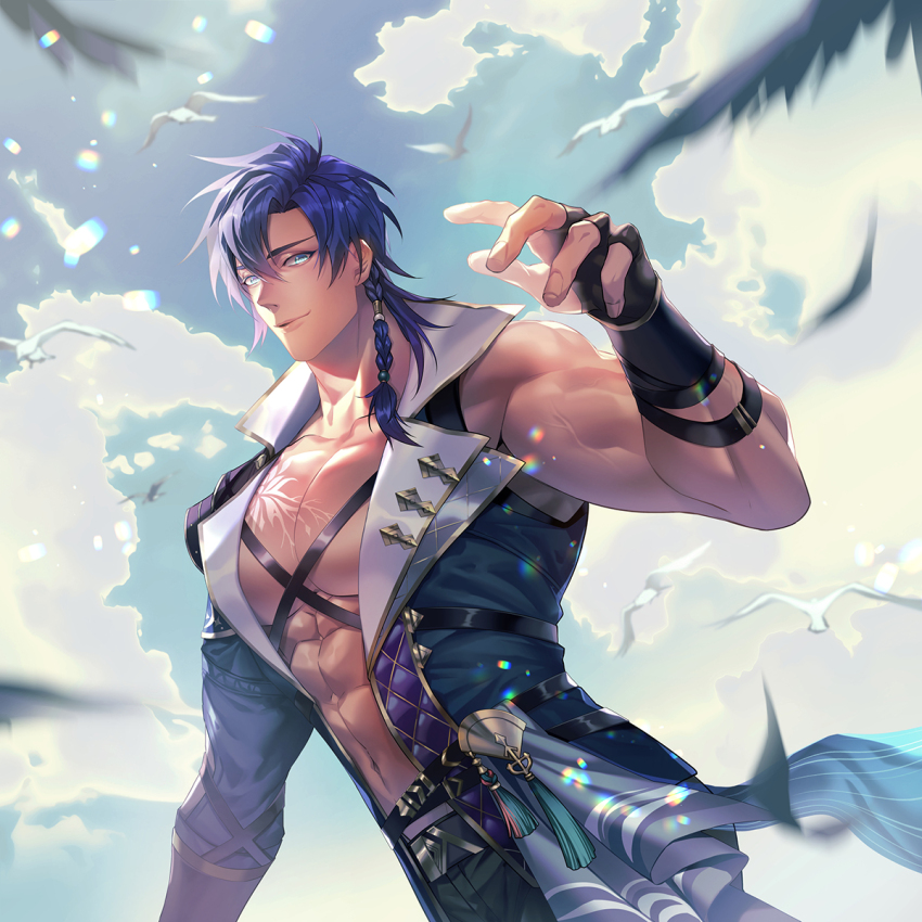 1boy abs aqua_eyes belt bird black_belt black_gloves black_pants blue_hair blue_sash blue_shirt blue_sky blurry blurry_foreground braid chest_tattoo closed_mouth cloud collared_shirt cowboy_shot curtained_hair dark-skinned_male dark_skin day delos_(noctilucent) fingerless_gloves gloves hair_between_eyes hair_tubes hand_up harness highres lapels looking_at_viewer male_focus medium_hair muscular muscular_male noctilucent:_before_dawn notched_lapels open_clothes open_shirt palm_leaf pants pectoral_cleavage pectorals sash seagull shirt side_braid sideways_glance single_hair_tube single_sleeve sky smile solo tassel tattoo tsaosu0607 veins veiny_arms