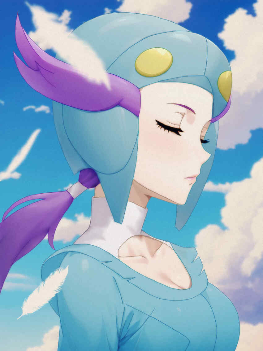 1girl absurdres blue_suit blue_unitard breasts cleavage closed_eyes collarbone formal_clothes goggles goromochan helmet highres long_hair long_sleeves medium_breasts nintendo pilot_helmet pilot_suit pokemon pokemon_oras ponytail purple_hair solo suit turtleneck winona_(pokemon)