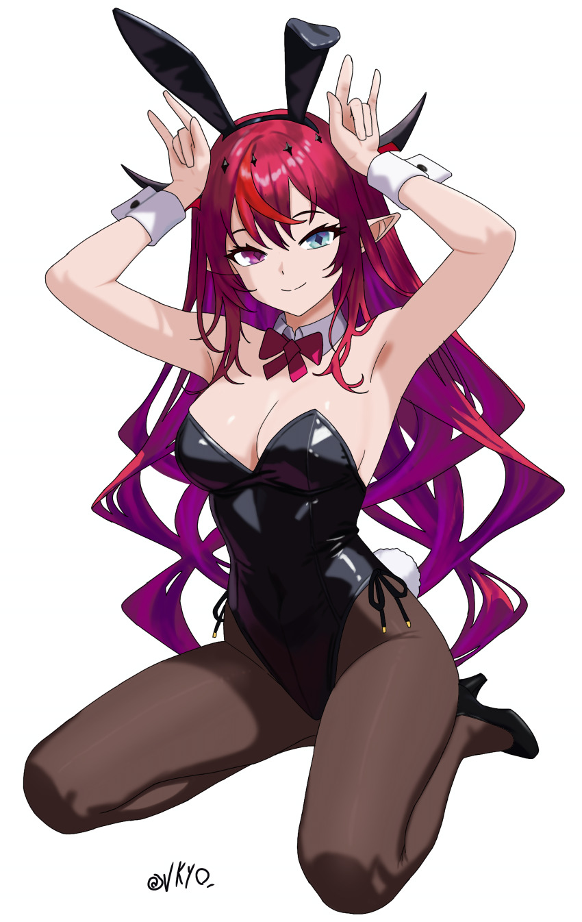 1girl absurdres alternate_costume animal_ears arms_up black_horns black_leotard black_pantyhose black_shoes blue_eyes bow breasts closed_mouth commentary commission detached_collar english_commentary fake_animal_ears fake_tail heterochromia high_heels highres hololive hololive_english horns irys_(hololive) large_breasts leotard long_hair looking_at_viewer mismatched_pupils multicolored_hair pantyhose pink_bow pink_eyes pink_hair playboy_bunny purple_hair rabbit_pose rabbit_tail shoes simple_background smile solo strapless strapless_leotard tail twitter_username virtual_youtuber vkyo white_background wrist_cuffs
