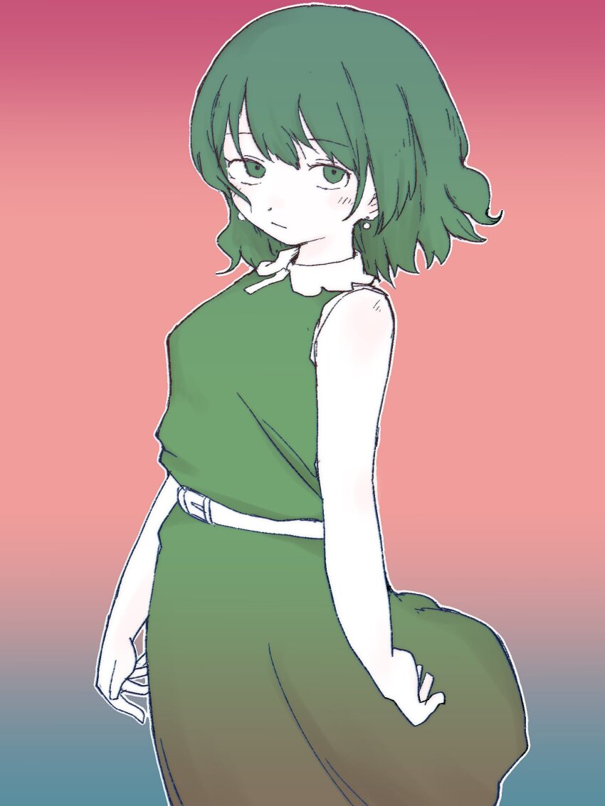 1girl aqua_background belt collar collared_dress colored_skin dress earrings expressionless frilled_collar frills gradient_background gradient_clothes gradient_dress green_dress green_eyes green_hair highres iyowa_(igusuri_please) iyowa_girls jewelry looking_at_viewer medium_hair pink_background sleeveless sleeveless_dress tabun_owari_(vocaloid) tawari_(iyowa) upper_body vocaloid white_skin