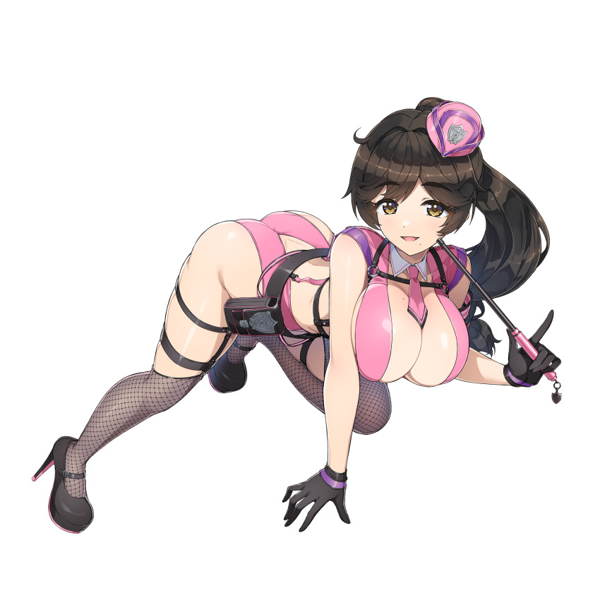 1girl ass baton_(weapon) black_gloves breasts brown_eyes brown_hair butt_crack cleavage dimples_of_venus dolphin_wave fishnet_thighhighs fishnets game_cg gloves hat high_heels highres large_breasts leaning_on_object long_hair looking_at_viewer low-tied_long_hair mole mole_on_breast mole_under_mouth necktie non-web_source official_art ootomo_takuji open_mouth pink_necktie police police_hat police_uniform policewoman ponytail smile solo thighhighs transparent_background weapon yamaba_yume