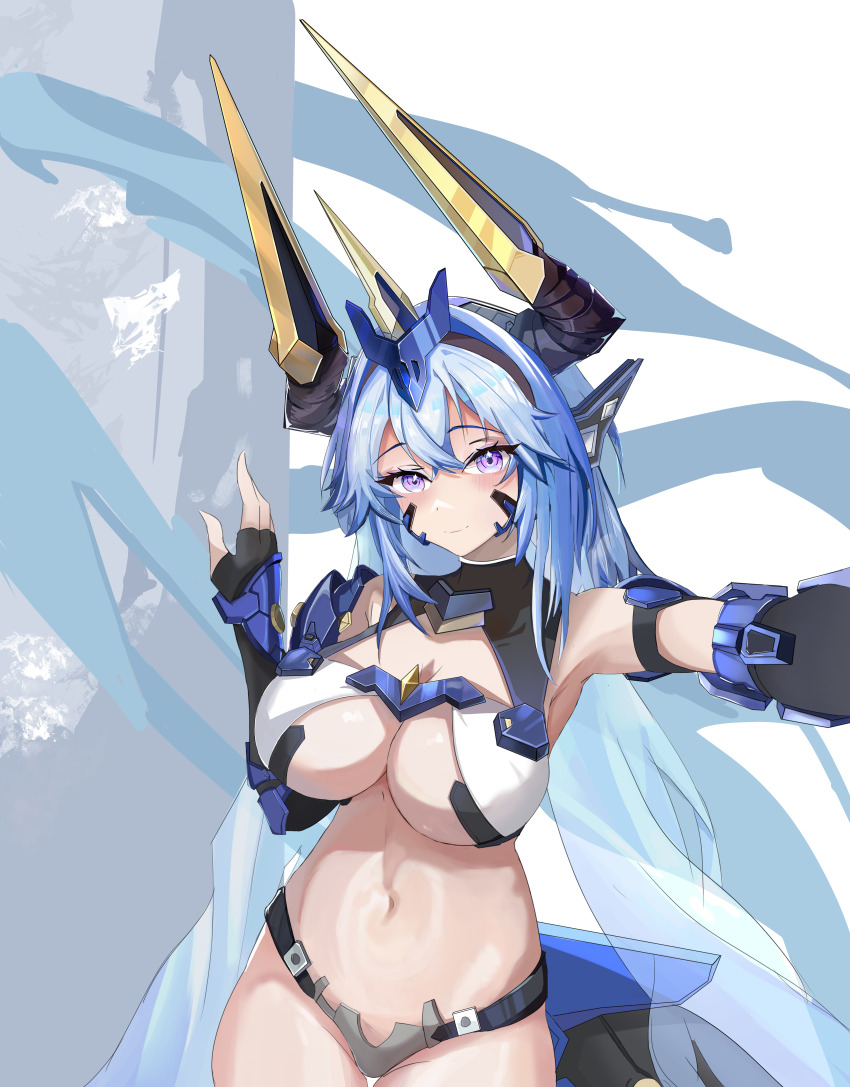 absurdres armor bikini_armor blue_hair blush breasts cleavage cutout_below_navel dragon_girl dragon_horns hair_between_eyes headpiece highres horns large_breasts long_hair looking_at_viewer mecha_musume mechanical_tail navel purple_eyes rhine_(starward) starward stomach tail twintails user_wtfs2822 very_long_hair