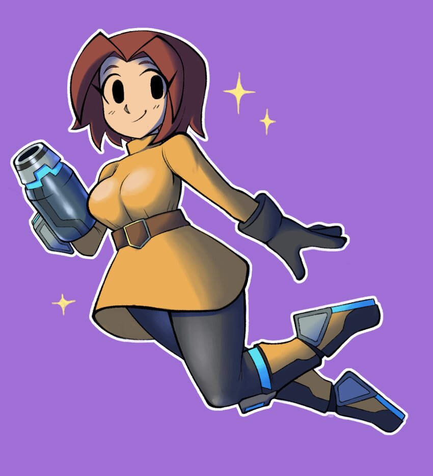 1girl arm_cannon belt belt_buckle black_eyes black_gloves black_leggings boots breasts brown_belt brown_gloves brown_hair buckle closed_mouth dress dynobutt eyes_visible_through_hair floating gloves gun hand_up highres holding holding_weapon jumping knee_boots large_breasts leggings legs_together long_sleeves looking_at_viewer mechanical_arms mii_(nintendo) mii_gunner mii_gunner_(smash_4) nintendo orange_sweater pantyhose parted_bangs short_dress short_hair smile solo sparkle split_mouth super_smash_bros. sweater turtleneck weapon