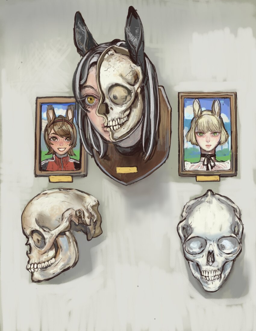 3girls animal_ears black_hair blonde_hair brown_eyes brown_hair check_copyright copyright_request green_eyes highres horse_ears horse_girl mossacannibalis multiple_girls original photo_(object) short_hair skull taxidermy teeth yellow_eyes