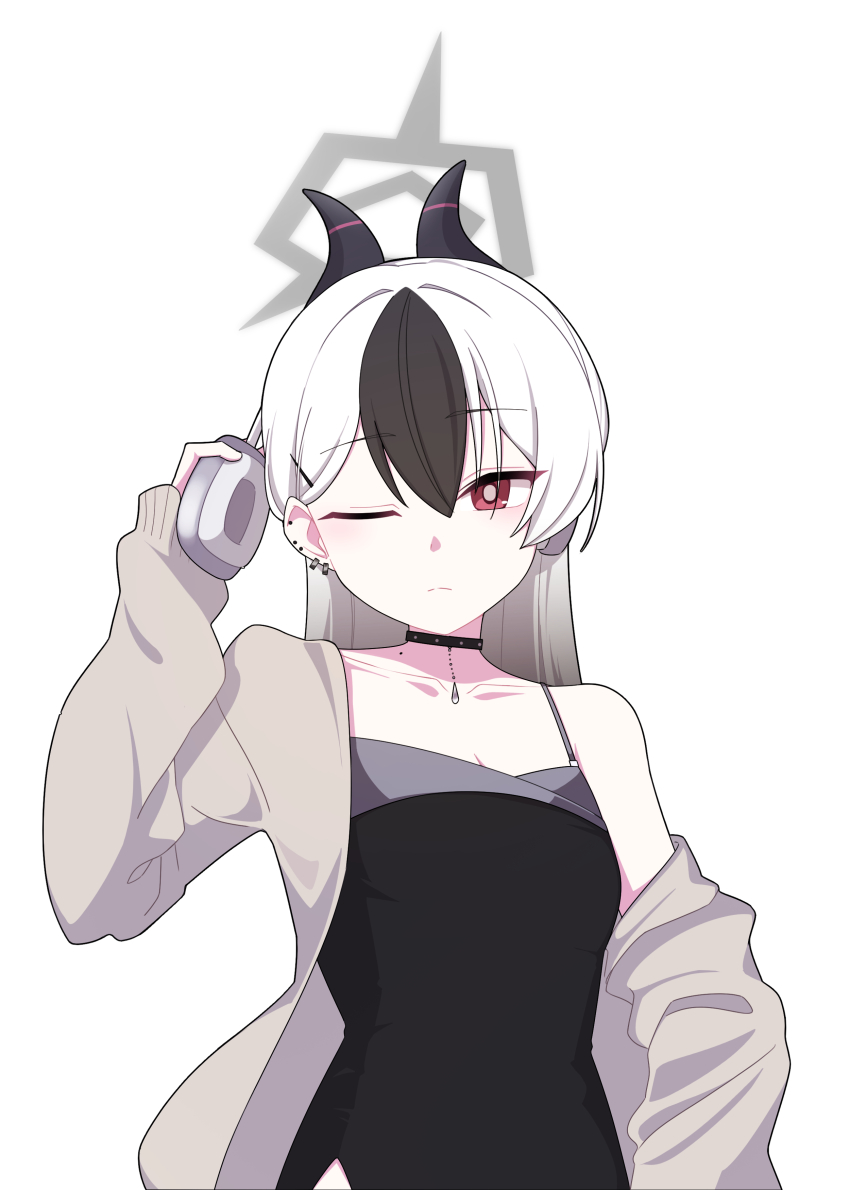 1girl absurdres black_dress black_hair black_horns blue_archive brown_jacket closed_mouth collarbone commentary demon_horns dress ear_piercing frown grey_hair halo hand_up headphones highres holding holding_headphones horns jacket kayoko_(blue_archive) kayoko_(dress)_(blue_archive) long_hair looking_at_viewer meteor_(ks111278) mole mole_on_collarbone multicolored_hair official_alternate_costume official_alternate_hairstyle one_eye_closed piercing red_eyes simple_background single_off_shoulder solo standing two-tone_hair white_background