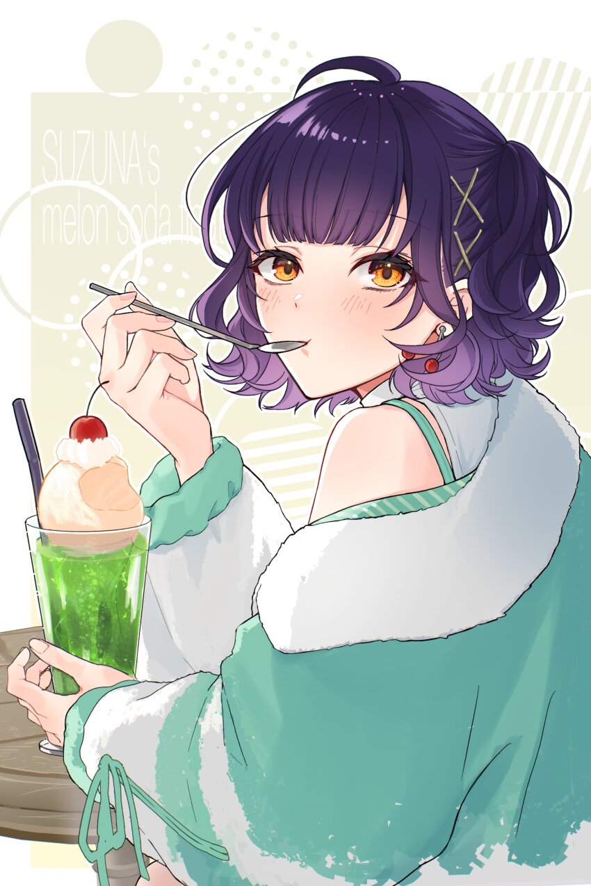 1girl absurdres ahoge aqua_jacket aqua_ribbon blunt_bangs blush border character_name cherry cherry_earrings closed_mouth commentary double-parted_bangs earrings eyelashes food food-themed_earrings food_themed_earrings fruit fur_jacket gradient_background gradient_hair green_background hair_ornament hand_up highres holding holding_spoon ice_cream ice_cream_float jacket jewelry kashitsuki_(tashikaniaruki) long_sleeves looking_at_viewer looking_back melon_soda multicolored_hair multicolored_jacket nanase_suzuna nanase_suzuna_(2nd_costume) nijisanji off_shoulder official_alternate_costume open_clothes open_jacket orange_eyes outside_border purple_hair ribbon round_table shirt short_hair sidelocks sleeveless sleeveless_shirt solo spaghetti_strap spoon symbol-only_commentary table turtleneck two-tone_jacket two_side_up virtual_youtuber wavy_hair white_border white_jacket white_shirt x_hair_ornament yellow_background