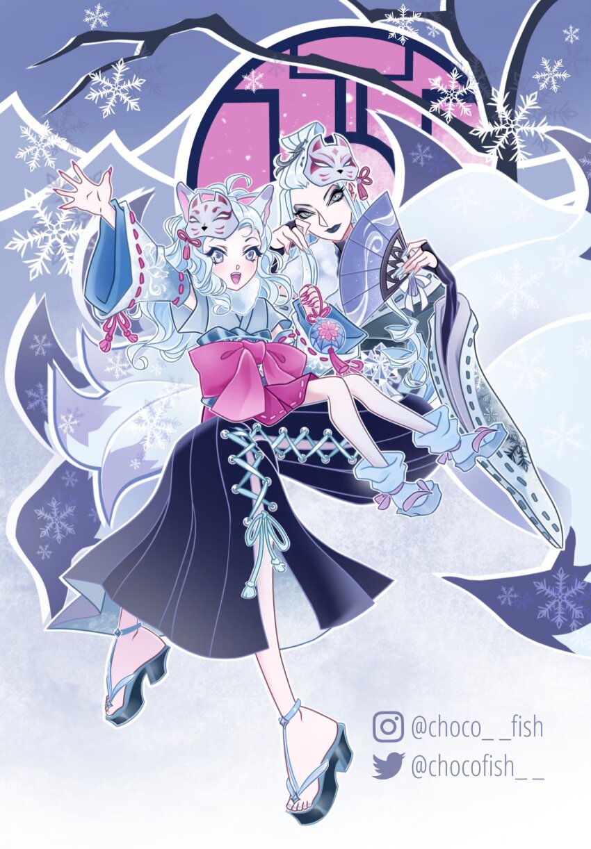 2girls alternate_costume animal_ear_fluff animal_ears bad_id bad_twitter_id bare_tree blue_eyes blue_eyeshadow blue_hakama blue_kimono blue_lips blue_ribbon blue_sky blue_sleeves bow chocofish closed_mouth commentary cross-laced_clothes cross-laced_skirt crown day detached_sleeves english_commentary eyelashes eyeliner eyeshadow fox_ears fox_mask full_body fur_scarf hair_bun hair_ornament hair_ribbon hakama hakama_skirt half_updo hand_on_own_cheek hand_on_own_face highres holding holding_wind_chime icy_(winx_club) japanese_clothes kimono large_bow lattice light_smile lipstick long_hair long_sleeves makeup mask mask_on_head multiple_girls original outdoors outline pink_bow pink_eyeliner pink_ribbon ribbon ribbon-trimmed_sleeves ribbon_trim round_window scarf short_kimono siblings single_hair_bun sisters sitting sitting_on_lap sitting_on_person skirt sky sleeve_ribbon slit_pupils snow snowflake_print snowing tassel tassel_hair_ornament tree very_long_hair waist_bow wavy_hair white_hair white_mask white_outline white_scarf wide_sleeves wind_chime window winter winx_club