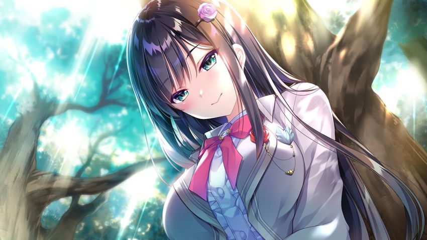 1girl black_hair blazer blush bow bowtie closed_mouth dress_shirt flower forest from_below game_cg green_eyes hair_between_eyes hair_flower hair_ornament hoshi_no_otome_to_rikka_no_shimai jacket kokonoe_sumire long_hair long_sleeves looking_at_viewer mutou_kurihito nanotaro nature open_clothes open_jacket outdoors pink_flower pink_rose red_bow red_bowtie rose school_uniform shirt smile solo sunlight upper_body very_long_hair white_shirt