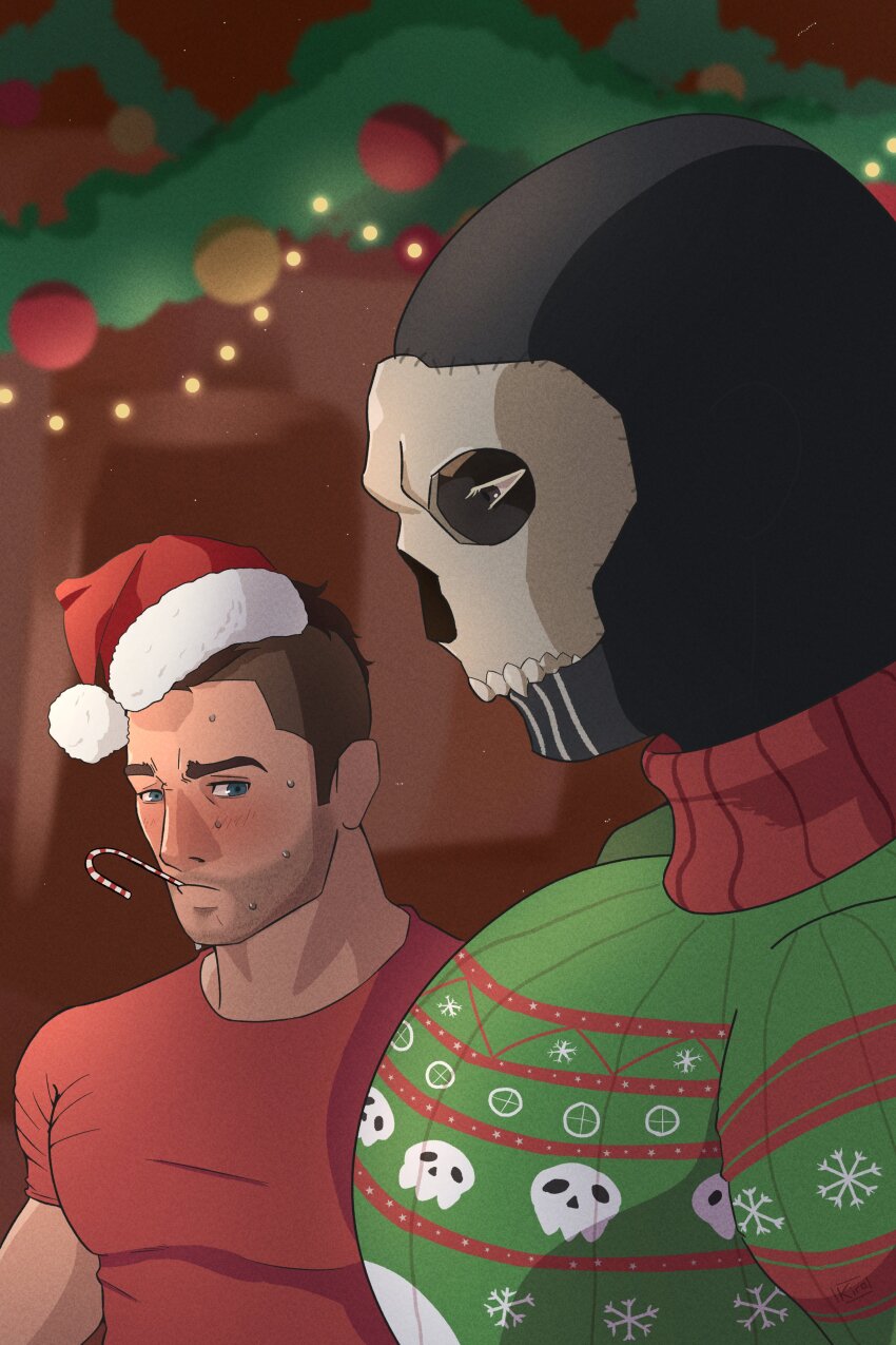 2boys absurdres alternate_costume bara black_hair blush call_of_duty call_of_duty:_modern_warfare_2 candy candy_cane christmas christmas_tree facial_hair food from_side ghost_(modern_warfare_2) girl_staring_at_guy&#039;s_chest_(meme) hat highres kiro_(kirokadura) large_pectorals looking_at_another looking_at_pectorals looking_down male_focus mask mature_male meme multiple_boys muscle_envy muscular muscular_male nervous_sweating pectorals profile santa_hat short_hair skull_mask skull_print soap_(modern_warfare_2) stubble sweat sweater thick_eyebrows undercut upper_body yaoi