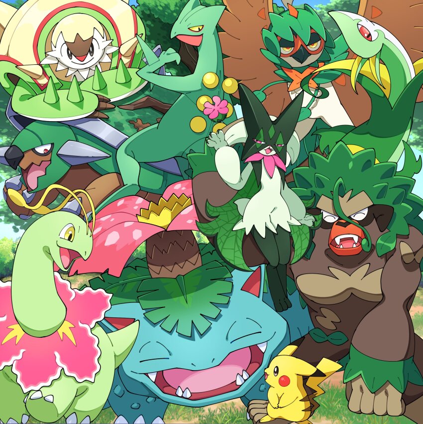 absurdres chesnaught claws closed_eyes closed_mouth commentary_request day decidueye gen_1_pokemon gen_2_pokemon gen_3_pokemon gen_4_pokemon gen_5_pokemon gen_6_pokemon gen_7_pokemon gen_8_pokemon grass half-closed_eyes hand_up highres meganium meowscarada nintendo no_humans open_mouth outdoors pikachu pink_eyes pokemon pokemon_(creature) pokemon_focus pon_yui rillaboom sceptile serperior smile teeth tongue torterra venusaur yellow_eyes