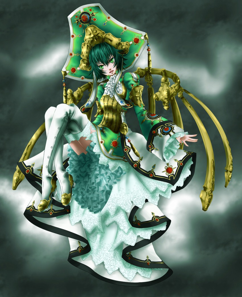 00s 1girl :d androgynous ascot bad_id bad_pixiv_id boots dress female_focus fingernails flat_chest frills garter_straps goth_fashion green_eyes green_hair green_nails hat high_heels highres jewelry lace long_fingernails matching_hair/eyes nail_polish open_mouth seth_nightroad shoes short_hair smile solo thigh_boots thighhighs trinity_blood white_thighhighs