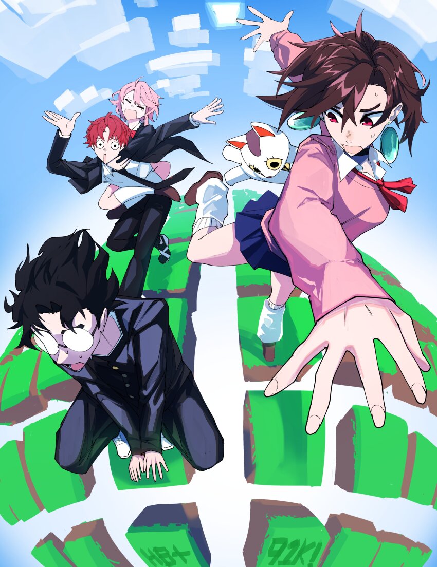 2boys 2girls absurdres ayase_momo blue_sky breasts brown_hair dandadan earrings glasses heartbreak_juan highres jewelry enjoji_jin milestone_celebration minecraft_youtube multiple_boys multiple_girls necktie open_mouth parkour_civilization pink_hair red_hair school_uniform shiratori_aira_(dandadan) short_hair skirt sky takakura_ken_(dandadan)