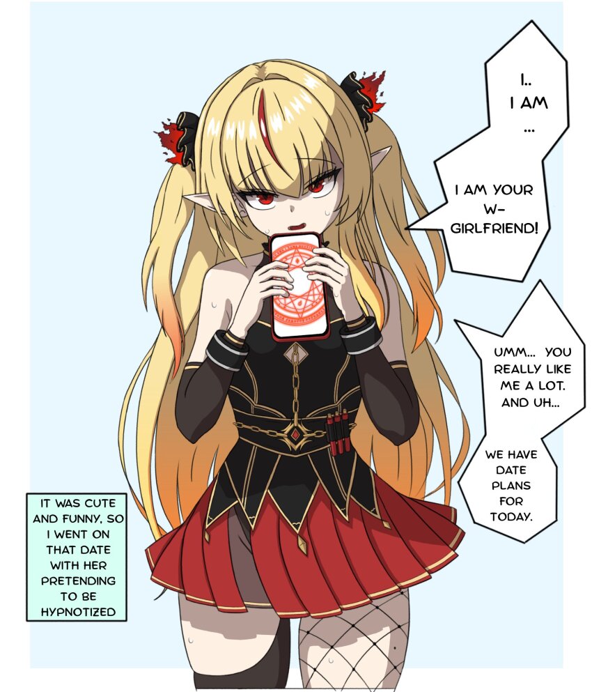 1girl blonde_hair breasts chromashift elf female_focus hag long_hair multicolored_hair necromancer pointy_ears red_eyes red_hair ruby_runeheart small_breasts solo solo_focus two-tone_hair virtual_youtuber vtuber_fanart witch