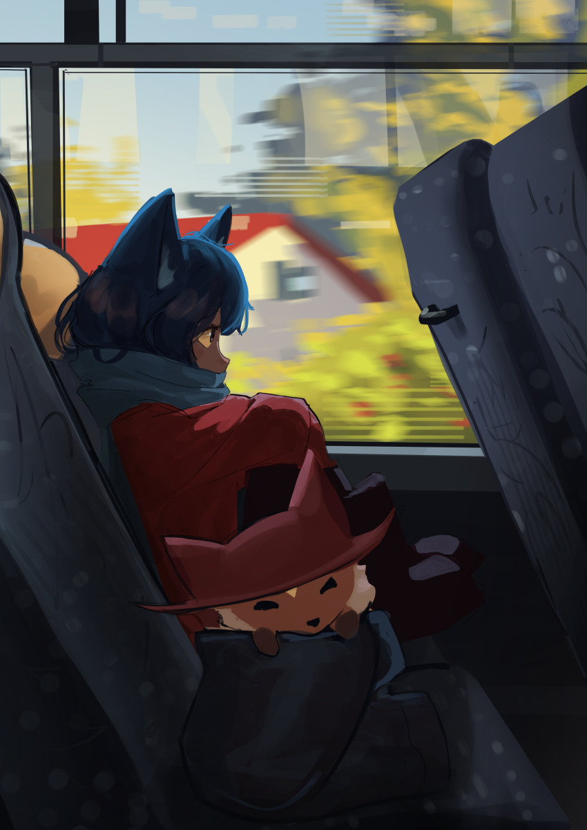 1girl 1other absurdres androgynous animal_ear_headwear animal_ears animal_hat blue_hair blue_scarf blurry blurry_background brown_poncho brown_tunic bus_interior cat_ears cat_hat child colored_sclera commentary english_commentary fake_animal_ears fox hat highres long_sleeves looking_to_the_side neck_fur niko_(oneshot) no_headwear oneshot_(game) orange_fur rue_(oneshot) scarf shadches72 short_hair tunic white_fur yellow_eyes yellow_sclera