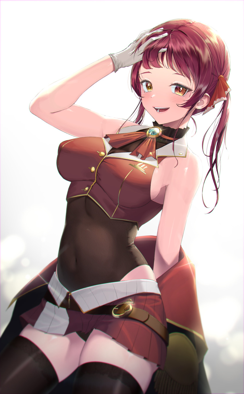 1girl absurdres ascot backlighting black_thighhighs blush breasts brooch covered_erect_nipples covered_navel glint gloves hand_on_own_head highres hololive houshou_marine jewelry jungki_dr looking_at_viewer open_mouth red_ascot red_ribbon ribbon sideboob solo thighhighs virtual_youtuber white_gloves