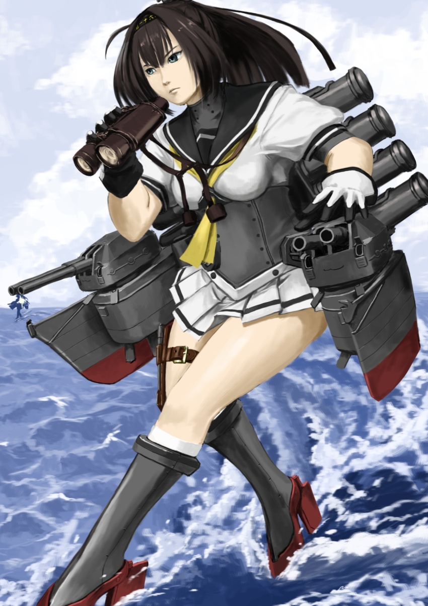 1girl akizuki_(kancolle) black_hair black_headband black_sailor_collar blue_sky clothes_writing cloud hachimaki hair_ornament headband highres kantai_collection long_hair ocean propeller_hair_ornament sailor_collar school_uniform sky solo tyokugekidato