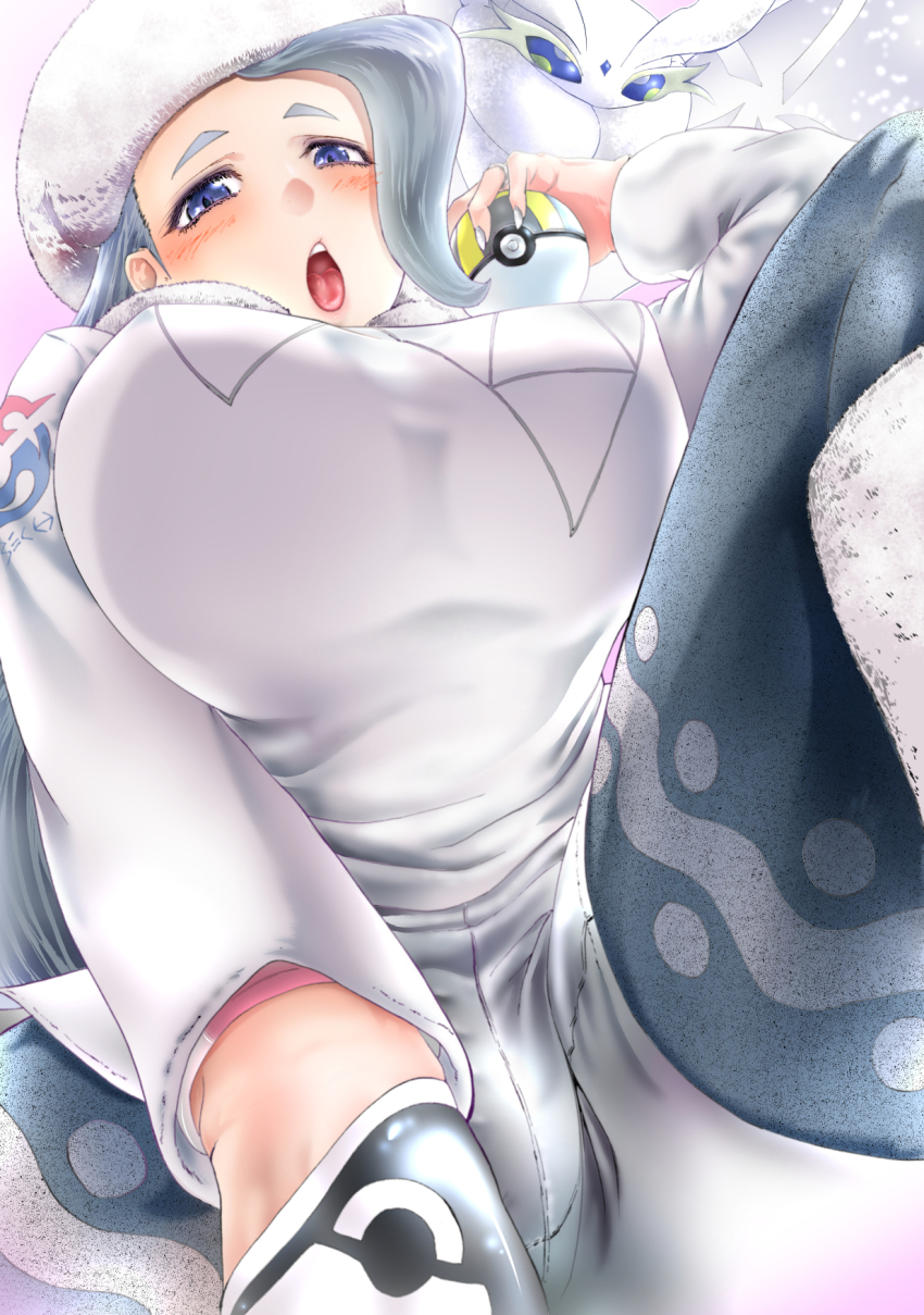 1girl blue_eyes blush breasts bro.you-yan bug collar commentary_request covered_erect_nipples dynamax_band earrings frosmoth fur_collar fur_hat gen_8_pokemon gloves hat highres holding holding_poke_ball insect jewelry large_breasts long_hair long_sleeves mature_female melony_(pokemon) moth multicolored_hair nintendo open_mouth pantyhose pantyhose_under_shorts pearl_earrings poke_ball pokemon pokemon_(creature) pokemon_swsh ring shorts side_slit side_slit_shorts single_glove streaked_hair sweater ultra_ball ushanka wedding_ring white_collar white_sweater