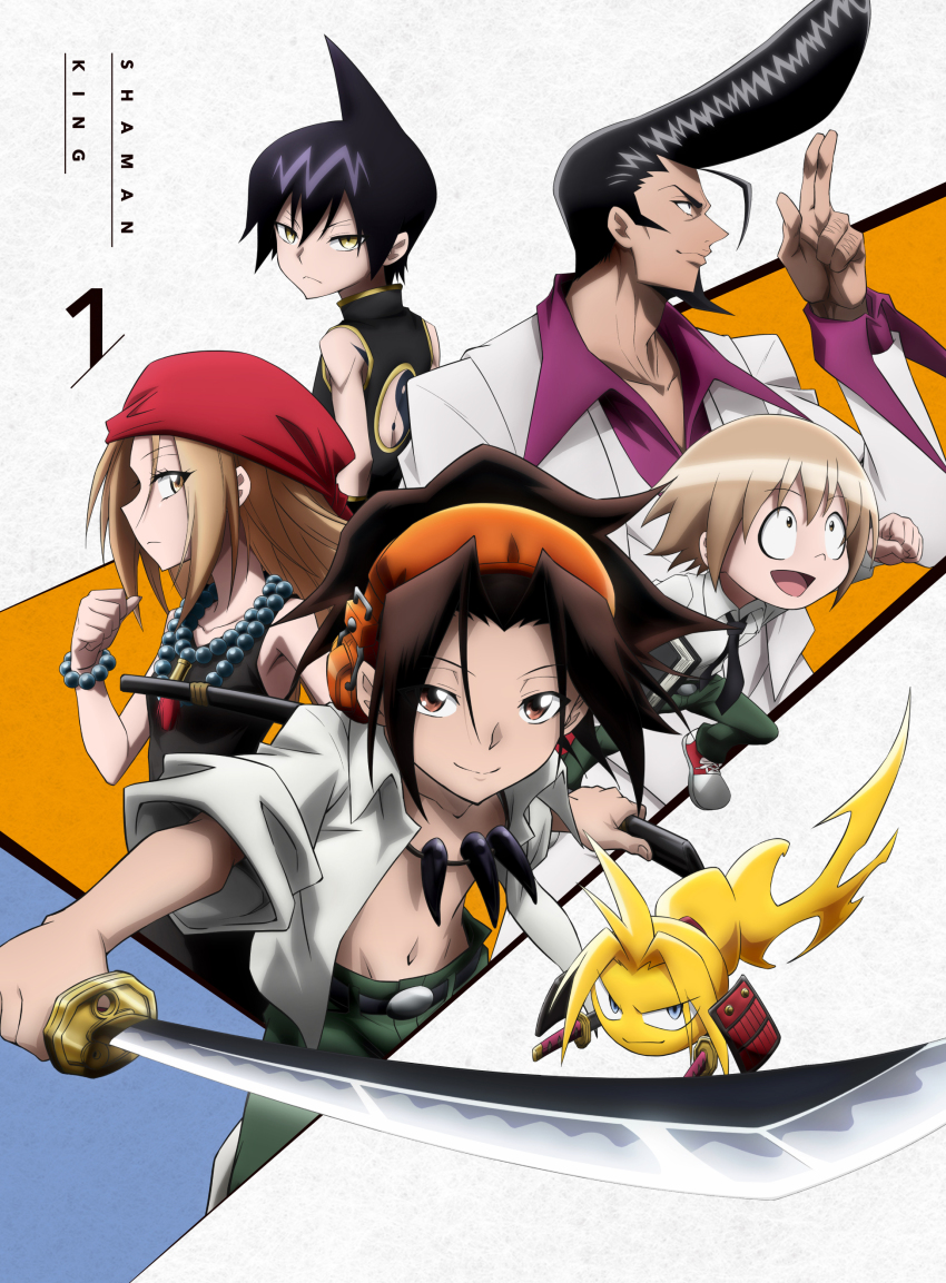 1girl 5boys absurdres amidamaru asakura_yoh back_tattoo black_hair blonde_hair facial_hair ghost headphones highres holding holding_sword holding_weapon kyouyama_anna long_hair looking_at_viewer looking_away looking_to_the_side multiple_boys navel official_art open_clothes open_shirt oyamada_manta pompadour samurai school_uniform shaman_king short_hair simple_background smile spiked_hair sword tao_ren tattoo umemiya_ryuunosuke weapon