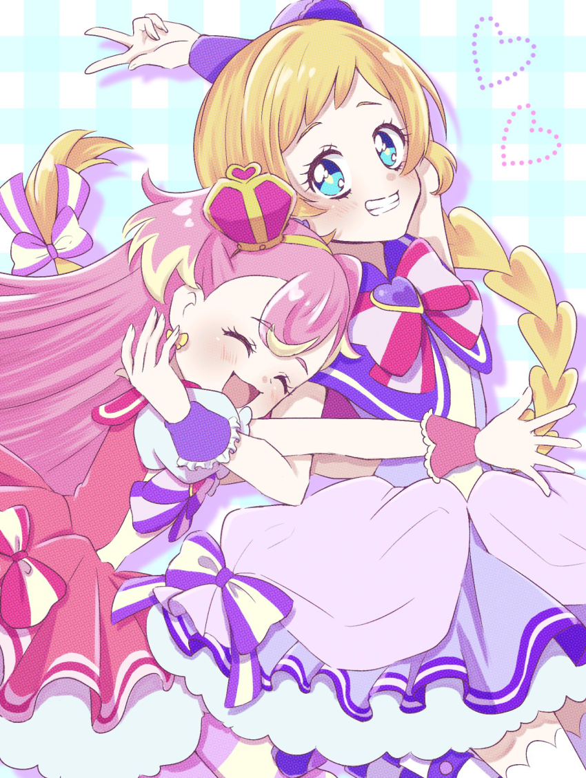 2girls blonde_hair blue_eyes blush bow bow_earrings bowtie braid brooch capelet closed_eyes crown cure_friendy cure_wonderful dress earrings hat heart heart_brooch highres inukai_iroha inukai_komugi jewelry long_hair low_twin_braids magical_girl mini_crown multicolored_hair multiple_girls open_mouth peaked_cap pink_bow pink_bowtie pink_dress pink_hair precure puffy_short_sleeves puffy_sleeves purple_bow purple_bowtie purple_capelet purple_dress purple_hat purple_shoes shigen_pr shoes short_sleeves sleeveless sleeveless_dress smile striped_clothes striped_thighhighs thighhighs twin_braids two-tone_hair two_side_up white_sleeves white_thighhighs wonderful_precure! wrist_cuffs