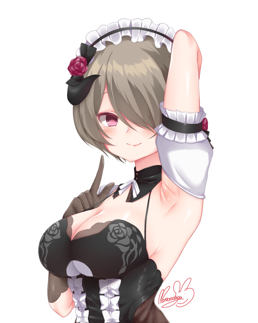 1girl apron armpits arms_behind_head black_gloves breasts brown_hair cleavage closed_mouth gloves hair_over_one_eye highres honkai_(series) honkai_impact_3rd looking_at_viewer maid maid_apron maid_headdress momoko_nico purple_eyes rita_rossweisse rita_rossweisse_(umbral_rose) short_hair simple_background smile solo white_background