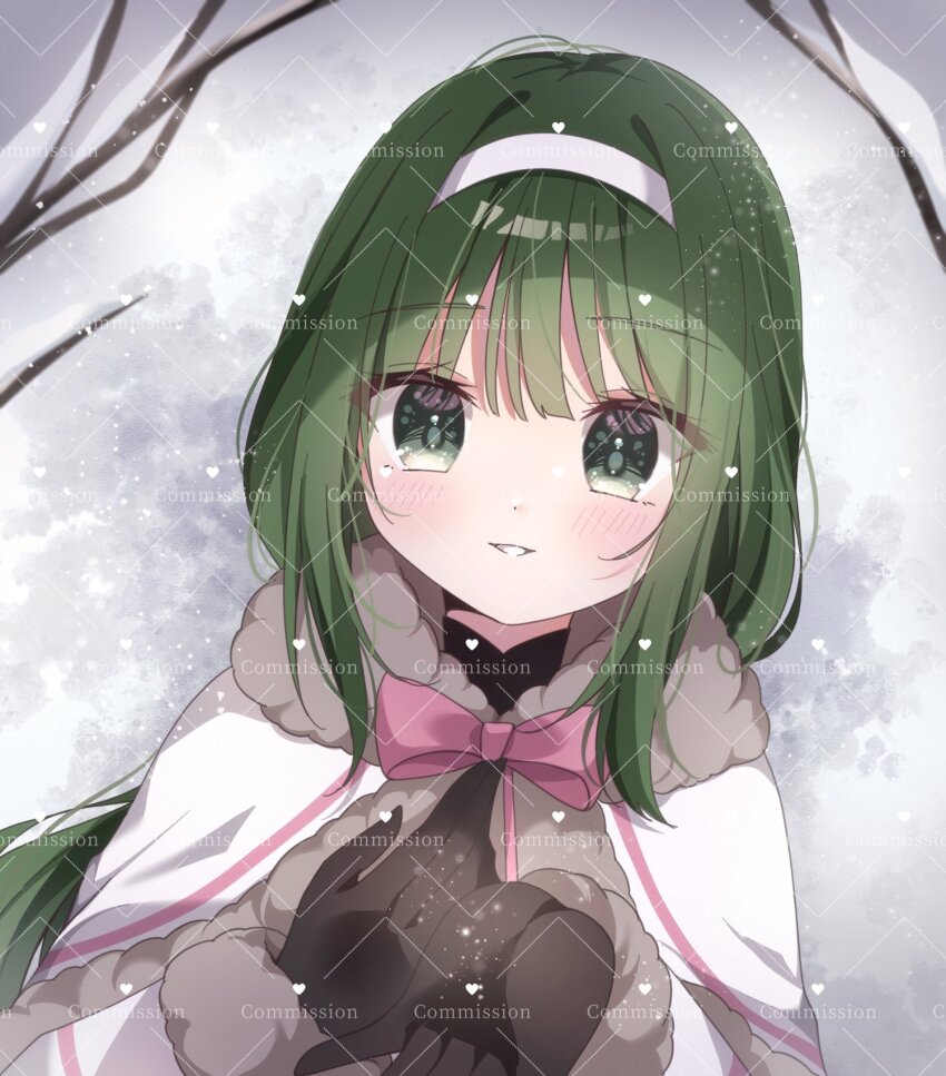 1girl adapted_costume assault_lily black_gloves blush bow bowtie branch capelet commentary_request commission fur-trimmed_capelet fur-trimmed_sleeves fur_trim gloves green_eyes green_hair hairband hand_on_own_chest hands_up hasebe_touka highres jacket long_hair looking_at_viewer lying mi_(unjour) on_back on_ground open_hand outdoors parted_lips pink_bow pink_bowtie skeb_commission smile snow snowing solo upper_body watermark white_capelet white_hairband white_jacket